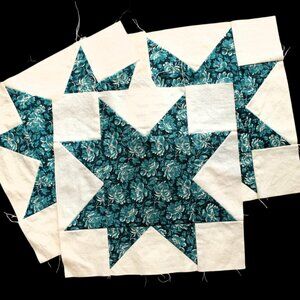 Vintage Quilt Blocks Lot 3 Star Pattern Unbleached Muslin and Blue Teal Cotton